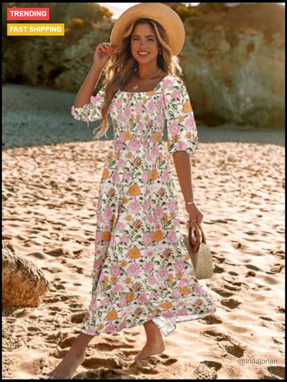 Puff Sleeve Square Neck Smocked A-Line Maxi Dress with Pockets - Picture 3 of 7